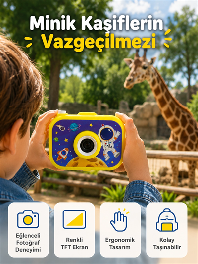 Çocuk Dijital Kamera HD Fotoğraf ve Video Çekimi 2.0 İnç TFT Ekran Type-C Şarjlı Mini Tripodlu