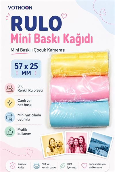 Çocuk Fotoğraf Makinesi Yedek Termal Baskı Kağıdı Renkli (3 Lü Rulo) – 57x25mm