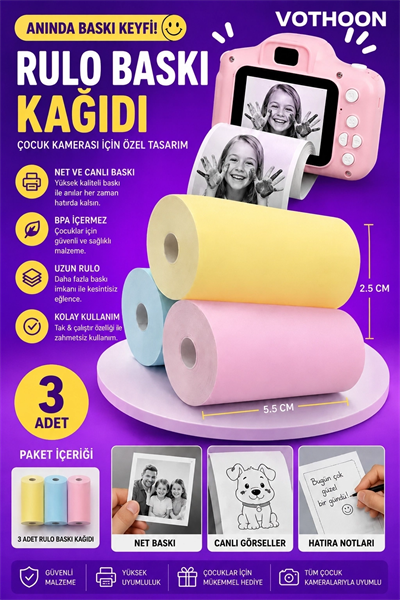 Çocuk Fotoğraf Makinesi Yedek Termal Baskı Kağıdı Renkli (3 Lü Rulo) – 57x25mm