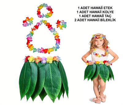 Çocuk Hawaii Kostüm Seti - Yaprak Etek &amp; Hawaii Set - 5 Parça (3936)