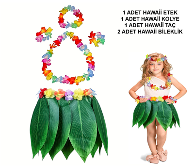 Çocuk Hawaii Kostüm Seti - Yaprak Etek &amp; Hawaii Set - 5 Parça Bx40