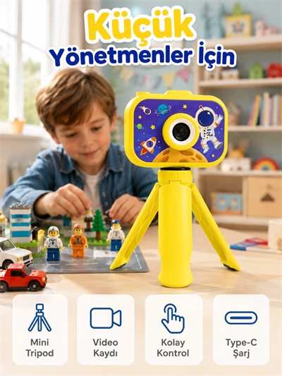 Çocuk Kamerası Fotoğraf ve Video Çekimi Mini Tripodlu Şarjlı Dijital Kamera 2.0 TFT Ekran