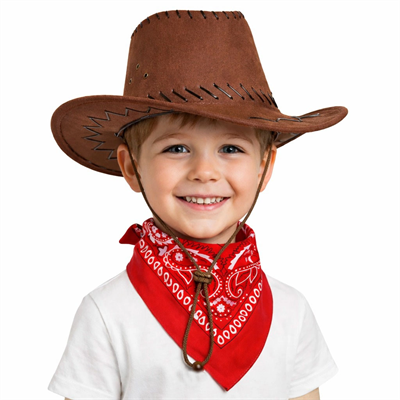 Çocuk Kovboy Şapka Kahverengi & Kırmızı Bandana Fular Seti