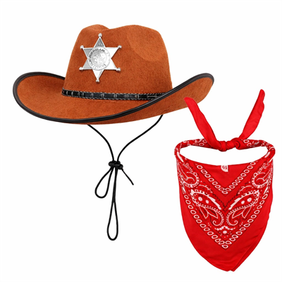 Çocuk Kovboy Şapka Rozetli Kahverengi & Kırmızı Bandana Fular Seti