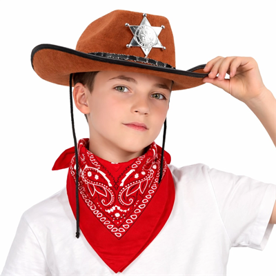 Çocuk Kovboy Şapka Rozetli Kahverengi & Kırmızı Bandana Fular Seti