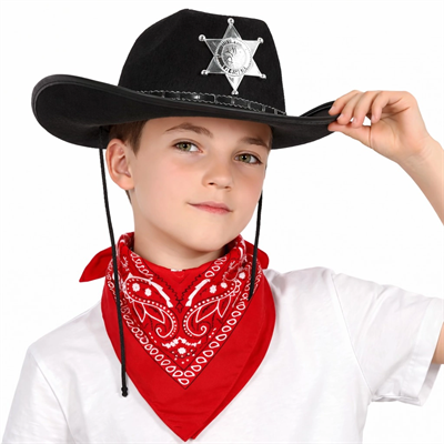 Çocuk Kovboy Şapka Rozetli Siyah & Kırmızı Bandana Fular Seti