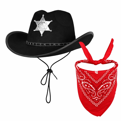 Çocuk Kovboy Şapka Rozetli Siyah & Kırmızı Bandana Fular Seti