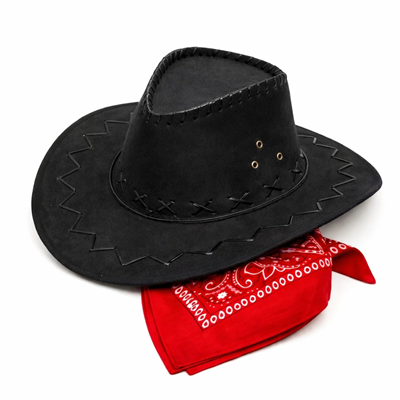 Çocuk Kovboy Şapka Siyah  Kırmızı Bandana Seti