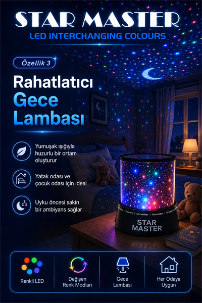Çocuk Odası İçin Renkli Yıldız Yansımalı LED Gece Lambası Dekoratif Projektör