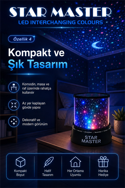 Çocuk Odası İçin Renkli Yıldız Yansımalı LED Gece Lambası Dekoratif Projektör