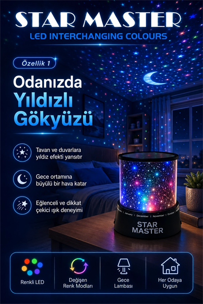 Çocuk Odası İçin Renkli Yıldız Yansımalı LED Gece Lambası Dekoratif Projektör