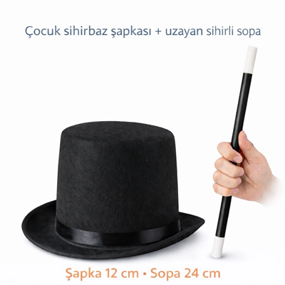 Çocuk Sihirbaz Şapkası Ve Uzayan Yaylı Sihirli Sopa Seti