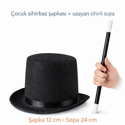 Çocuk Sihirbaz Şapkası ve Uzayan Yaylı Sihirli Sopa Seti