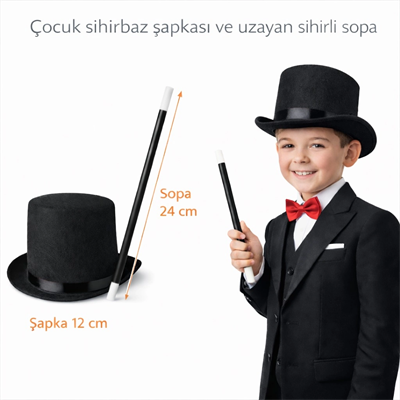 Çocuk Sihirbaz Şapkası ve Uzayan Yaylı Sihirli Sopa Seti