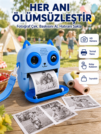 Çocuklar İçin Termal Baskılı Dijital Fotoğraf Makinesi Ön ve Arka Kameralı