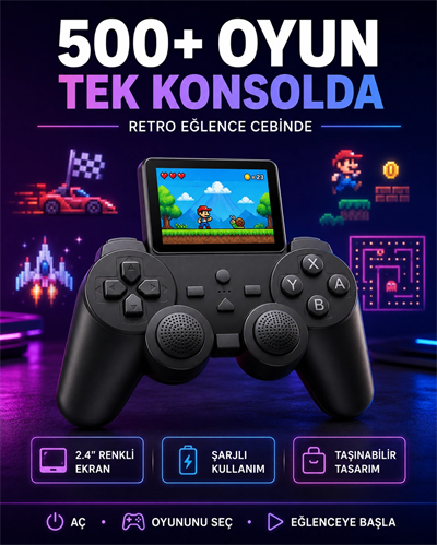 Çocuklar ve Yetişkinler İçin Uygun 500 Oyunlu Taşınabilir Mini Retro El Konsolu