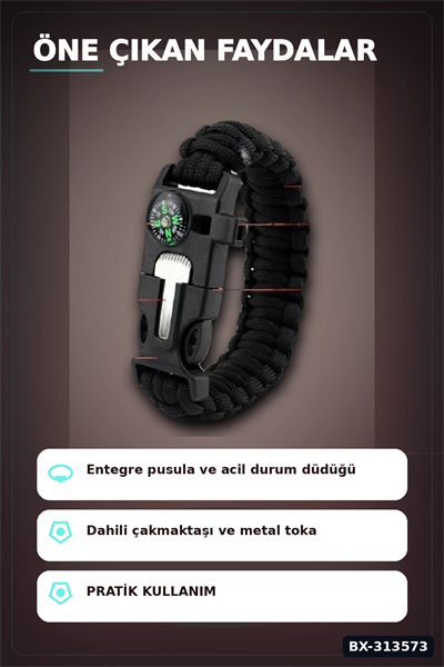 Çok Amaçlı Kamp Bilekliği - Düdük, Çakı, Çakmaktaşı, Pusula ve Paraşüt İpi Dahil BX-313573