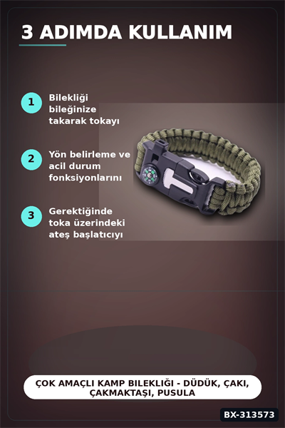 Çok Amaçlı Kamp Bilekliği - Düdük, Çakı, Çakmaktaşı, Pusula ve Paraşüt İpi Dahil BX-313573