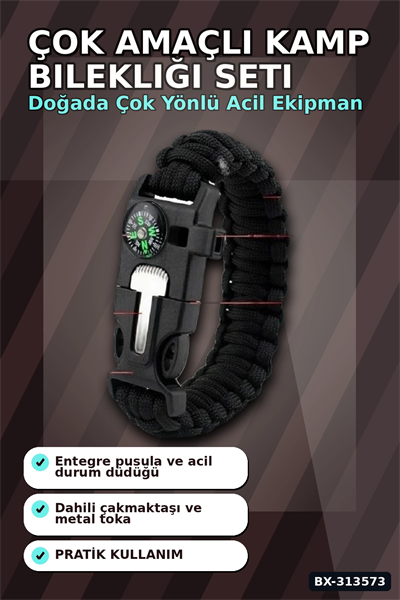 Çok Amaçlı Kamp Bilekliği - Düdük, Çakı, Çakmaktaşı, Pusula ve Paraşüt İpi Dahil BX-313573