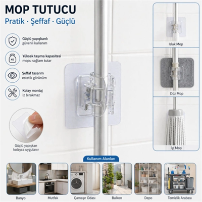 Çok Amaçlı Kıskaçlı Yapışkanlı Kablo ve Mop Tutucu