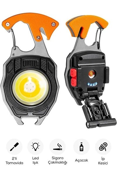 Çok Amaçlı LED Işıklı Anahtarlık – Çakmak, Tornavida, Şişe Açacağı, Type-C Şarjlı, Manyetik Özellikli Çok Fonksiyonlu Araç Gereci