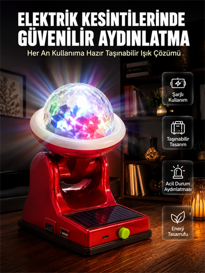 Çok Amaçlı Şarjlı LED Projektör Lamba Solar Enerjili RGB Ambiyans ve Parti Işığı