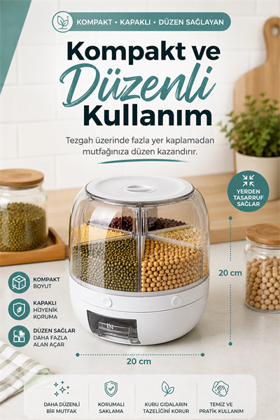 Çok Bölmeli Bakliyat ve Kuru Gıda Saklama Kabı Döner Sistemli Ölçülü Dağıtıcılı
