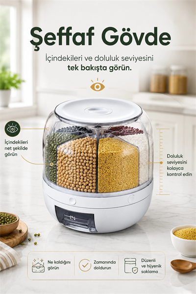 Çok Bölmeli Bakliyat ve Kuru Gıda Saklama Kabı Döner Sistemli Ölçülü Dağıtıcılı