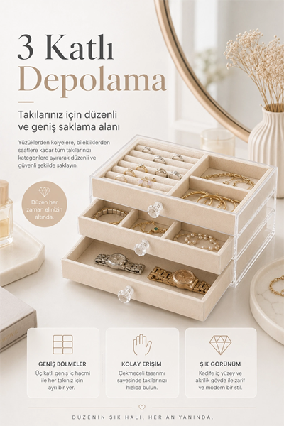 Çok Bölmeli Çekmeceli Takı Kutusu Kadife Dokulu Şeffaf Kapaklı Saklama Kabı