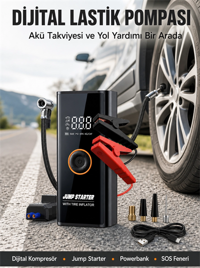 Çok Fonksiyonlu Araç Yol Yardım Kiti Jump Starter ve Lastik Pompası Yeni Nesil
