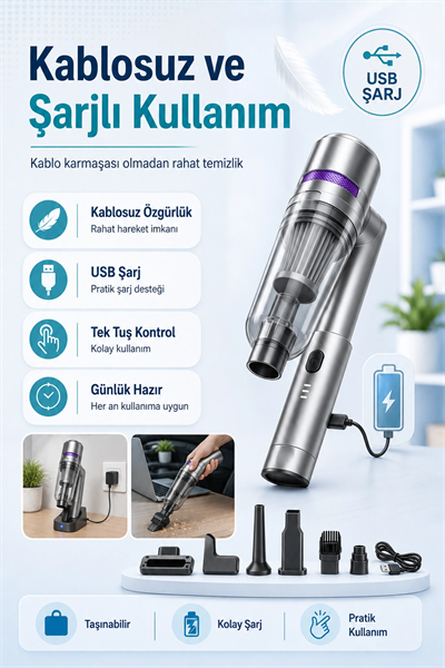 Çok Fonksiyonlu El Tipi Vakum Süpürge Hava Üfleme Cihazı Şarjlı Temizlik Seti