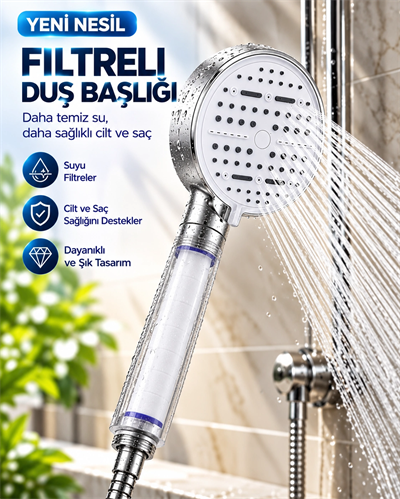 Çok Fonksiyonlu Filtreli Duş Başlığı 6 Farklı Sprey Modu Büyük Panel Beyaz
