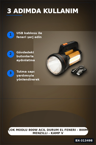 Çok Modlu 800W Acil Durum El Feneri - 800m Menzilli - Kamp Ve Doğa Aktiviteleri İçin BX-313498