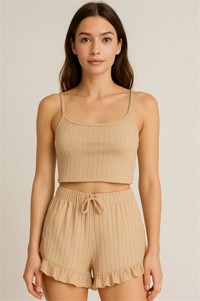 Crop Takım - Askılı Crop Takım Likralı Bej (xl)