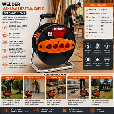 Ct Welder 3x2.5mm 20mt Makaralı Uzatma Kablo Bx40