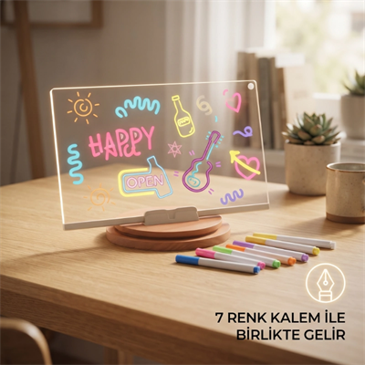 DIY LED Yazı Panosu - Gece Lambası - 7 Renk Kalem Hediyeli - 6 Çizim Şablonu