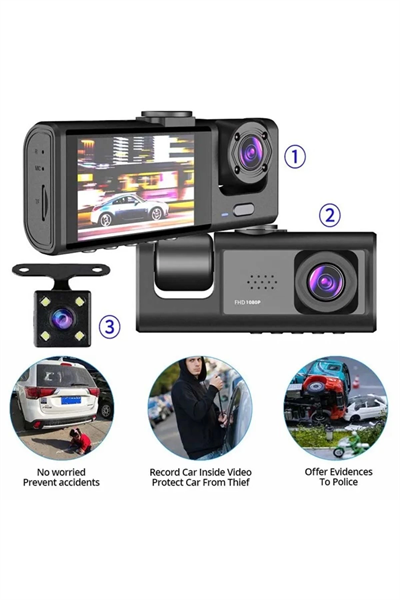 DV300 Yeni 3 Kameralı Araç İçi Kayıt Kamerası Trafik Recorder 2 İnç IPS Ekran Full HD 1080p