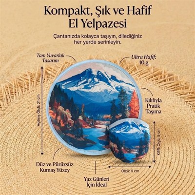 BUFFER® Dağ Manzarası Desenli Pratik Katlanabilir El Yelpazesi – Kılıflı Yuvarlak Pratik Otomatik Açılıp Kapanan Cep Yelpazesi