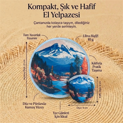 Dağ Manzaralı Katlanabilir Cep Yelpazesi - Kılıflı Yuvarlak Kumaş El Yelpazesi Bx40