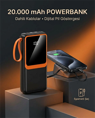 Dahili Çoklu Kablolu 20000 mAh Powerbank Dijital Pil Göstergeli Telefon Şarj Cihazı