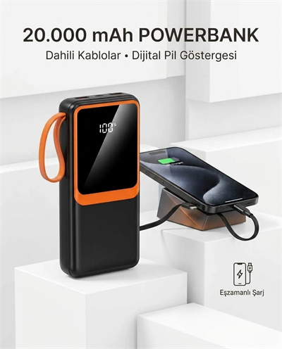 Dahili Çoklu Kablolu 20000 mAh Powerbank Dijital Pil Göstergeli Telefon Şarj Cihazı