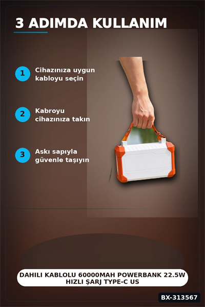Dahili Kablolu 60000mAh Powerbank 22.5W Hızlı Şarj Type-C USB Çıkışlı Dijital Göstergeli BX-313567