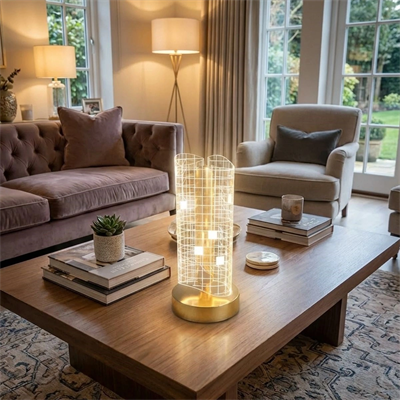 Dalgalı Silindirik Kristal Kareli Model Led Masa Lambası – Gold Tabanlı, Dokunmatik, 3 Renk Işık Modlu, Şarjlı Modern Dekoratif Gece Lambası Bx40