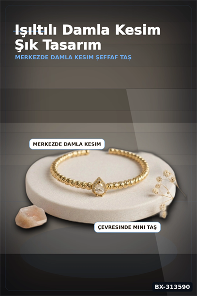 Damla Kesim Zirkon Taşlı Dorika Model Rengi Pirinç Kadın Bileklik 1 Adet BX-313590
