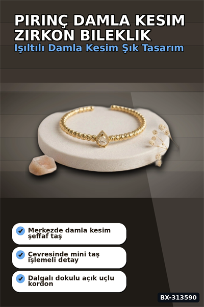 Damla Kesim Zirkon Taşlı Dorika Model Rengi Pirinç Kadın Bileklik 1 Adet BX-313590