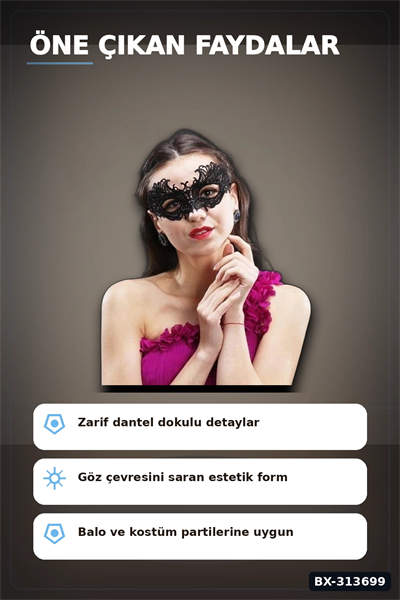 Dantel İşlemeli Siyah Venedik Karnaval Maskesi 10x23 Cm Yetişkin Balo Aksesuarı BX-313699