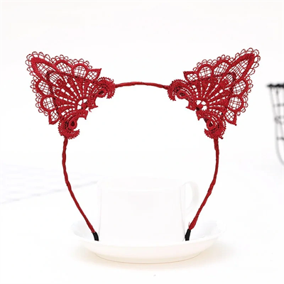 Dantelli Kırmızı Kedi Tacı - Vintage Tarz Dantel Kedi Kulak