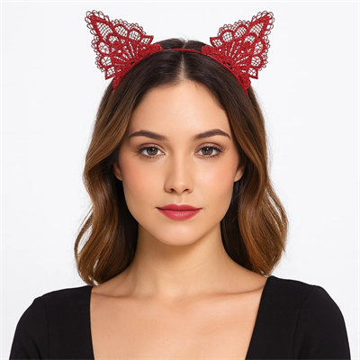 Dantelli Kırmızı Kedi Tacı - Vintage Tarz Dantel Kedi Kulak