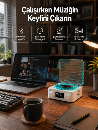 Dekoratif Gece Işıklı Bluetooth Hoparlör – Zaman ve Pil Ekranlı