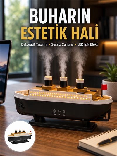 Dekoratif Gemi Modeli 7 Renk Işıklı Hava Nemlendirici ve Oda Kokusu Difüzörü Yeni Nesil